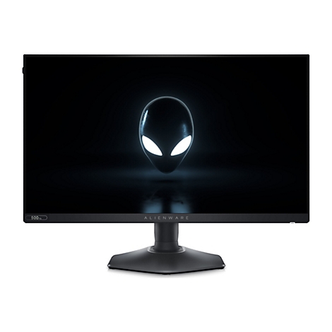 Ein Alienware-Monitor mit Alien-Gesicht auf schwarzem Hintergrund. Der Monitor steht auf einem schwarzen Fuß. Am unteren Rand steht „Alienware“.