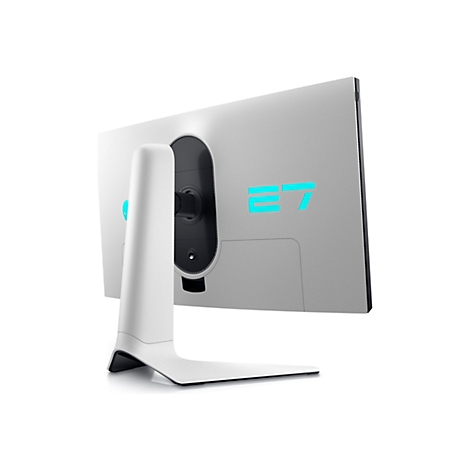 Moniteur de jeu vu de dos. Le moniteur blanc a une forme futuriste, un dos gris-bleu et des éléments LED bleus.