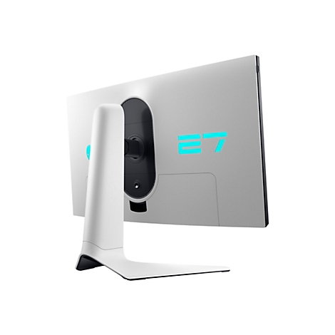 Ein weißer Monitor mit blau leuchtender 27 auf der Rückseite. Der Monitor hat einen weißen Standfuß und eine schwarze Halterung.