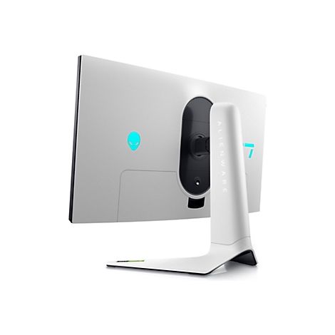 Ein weißer Alienware-Monitor von hinten, mit leuchtendem Alien-Logo. Auf dem Ständer steht Alienware.