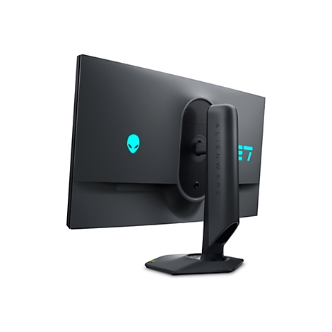 Der Monitor zeigt die Rückseite mit Alienware-Logo und Ständer.