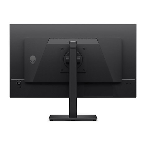 Die Rückseite eines schwarzen Alienware-Monitors, der auf einem weißen Hintergrund steht. Das Alienware-Logo ist links oben auf der Rückseite zu sehen. Die Anschlüsse sind am unteren Rand zu sehen.
