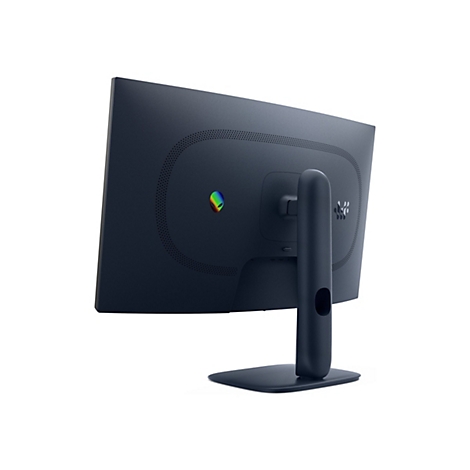 Dunkelblauer Monitor von hinten. Das Alienware-Logo ist links, unten sind Anschlüsse.