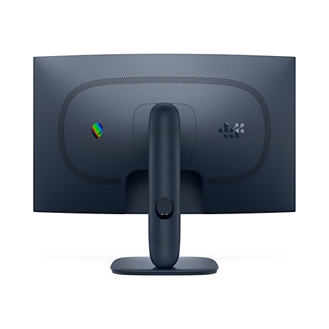Rückseite eines dunkelblauen Gaming-Monitors mit Alienware-Logo und Lüftungsschlitzen vor weißem Hintergrund.
