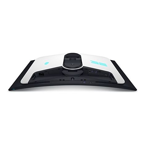 Rückseite eines gebogenen, schwarzen und weißen Alienware-Gaming-Monitors. Anschlüsse und das Alienware-Logo sind deutlich sichtbar.