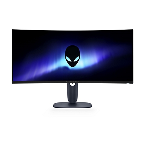 Gebogener Alienware-Monitor mit Alien-Logo auf dem Bildschirm.