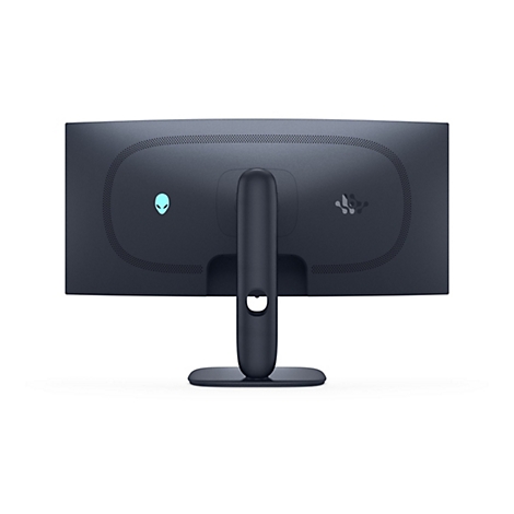 Rückansicht eines dunklen Monitors mit Alienware-Logo.
