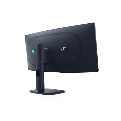 Rückseite eines schwarzen Alienware Gaming-Monitors mit geschwungenem Bildschirm vor weißem Hintergrund.