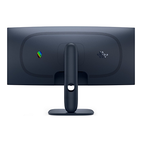 Rückseite eines dunkelblauen Monitors. Auf der linken Seite befindet sich ein Alien-Logo. Unterhalb der Mitte ist ein Halterungsarm mit Fuß.