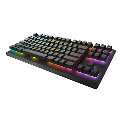 Schwarze mechanische Gaming-Tastatur mit farbiger LED-Beleuchtung. Das Alienware-Logo ist deutlich sichtbar.