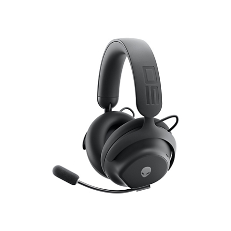 Casque de jeu noir sur fond blanc, avec microphone et logo Alienware.