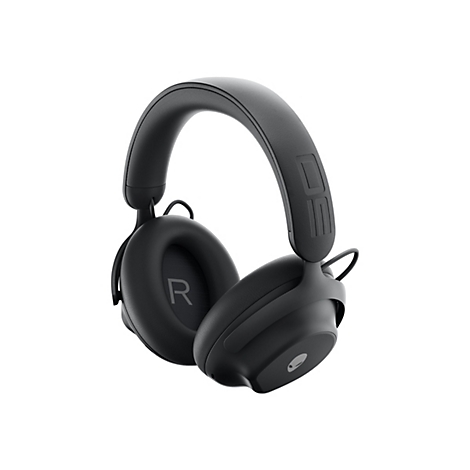 Casque noir, gros plan sur fond blanc. Les oreillettes affichent un grand "R".
