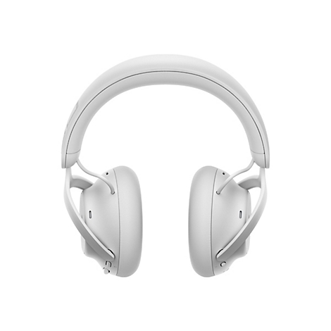 Hellweiße Kopfhörer, frontal abgebildet, freigestellt auf weißem Hintergrund. Der Kopfbügel ist gewölbt, die Ohrmuscheln oval.