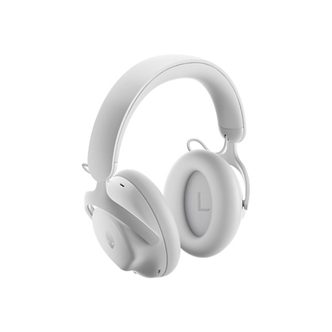 Weiße Over-Ear-Kopfhörer vor weißem Hintergrund mit Alienware-Logo an der Seite.