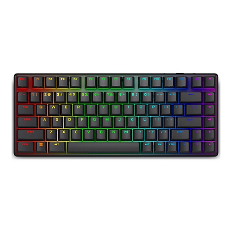 Schwarze Tastatur mit Regenbogen-Hintergrundbeleuchtung, Tasten mit weißen Buchstaben. Funktionstasten oben.