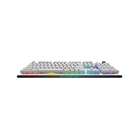 Hellgraue mechanische Tastatur, RGB-Beleuchtung unter den Tasten und 'Alienware'-Logo.