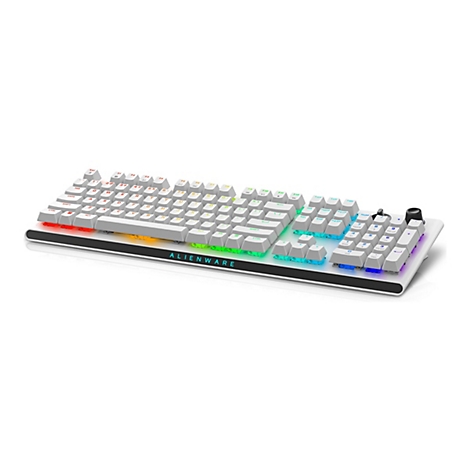 Eine weiße Alienware-Gaming-Tastatur mit RGB-Beleuchtung. Buchstaben und Symbole sind deutlich erkennbar. Das Alienware-Logo ist auf der Vorderseite platziert.