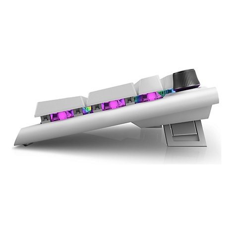 Hellgraue mechanische Tastatur, seitlich betrachtet. Die Tasten sind weiß und beleuchtet. Am oberen rechten Rand befindet sich ein schwarzer Drehregler.