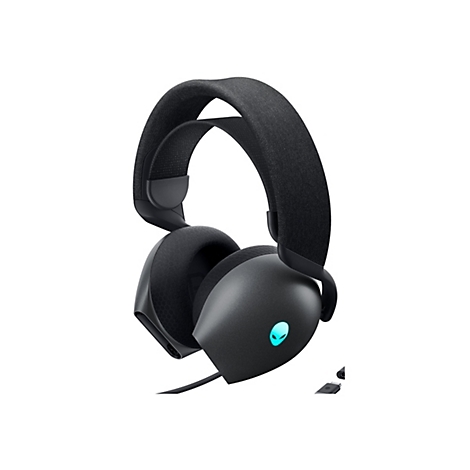 Schwarzes Gaming-Headset mit einem beleuchteten Alien-Logo. Detailansicht des Ohrmuscheldesigns und des Stoffkopfbands.