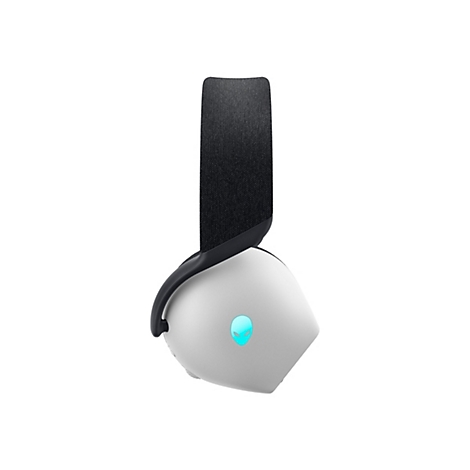 Hellgrauer Kopfhörer mit schwarzem Bügel und Polsterung. Auf dem Ohrhörer leuchtet ein türkisfarbenes Alien-Logo.