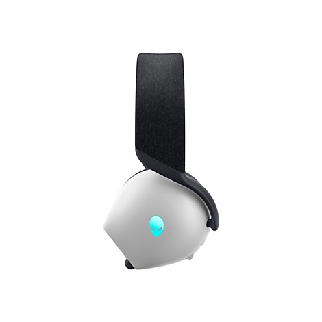 Hellgrauer Kopfhörer mit schwarzem Bügel und Polster, Alien-Logo leuchtet blau.