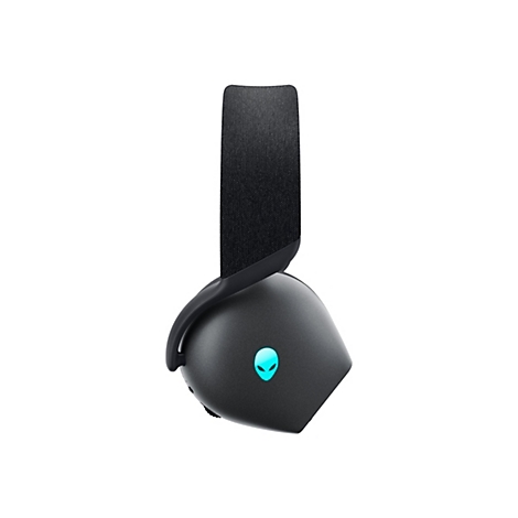 Ein schwarzer Kopfhörer von Alienware. Auf der Ohrmuschel leuchtet ein türkisfarbenes Alienware-Logo. Die Polsterung ist schwarz, der Kopfbügel ebenfalls.