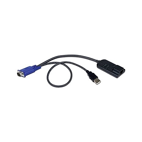 Ein graues Kabel, das an einem VGA-Anschluss, einem USB-Anschluss und einem schwarzen Stecker endet. Der Stecker hat Kontrollleuchten.