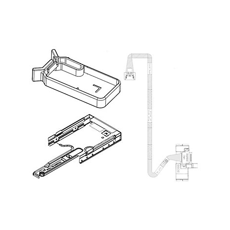 Technische Zeichnung mit Komponenten. Oben eine Schale, unten eine Halterung, rechts ein Kabel.