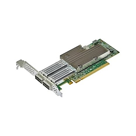 Eine grüne PCIe-Netzwerkkarte mit zwei Anschlüssen und einem silbernen Kühlkörper auf einer Leiterplatte.