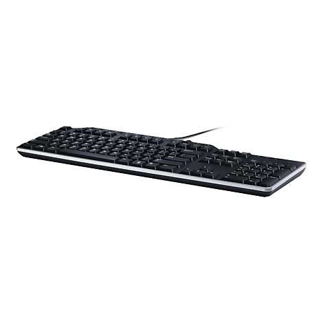 Schwarze Tastatur mit silbernem Rand auf weißem Hintergrund.