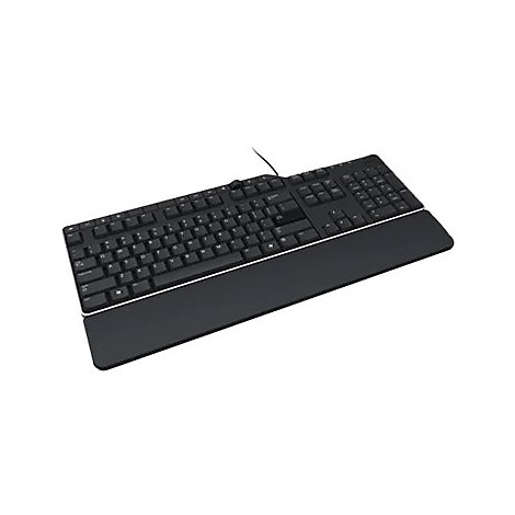 Schwarze Computertastatur mit Handauflage, Drahtanschluss, vor weißem Hintergrund.
