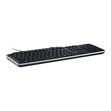 Schwarze Tastatur mit silbernem Rahmen vor weißem Hintergrund. Die Tasten sind schwarz, die Beschriftung weiß.