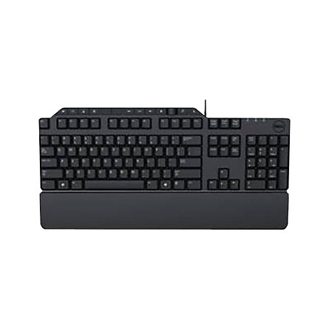 Schwarze Dell-Tastatur mit Handballenauflage, rechteckig. Tastenbeschriftungen sind erkennbar.