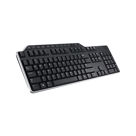 Schwarze Tastatur mit silberfarbenem Rand, Standard-Layout mit Tasten und Ziffernblock.