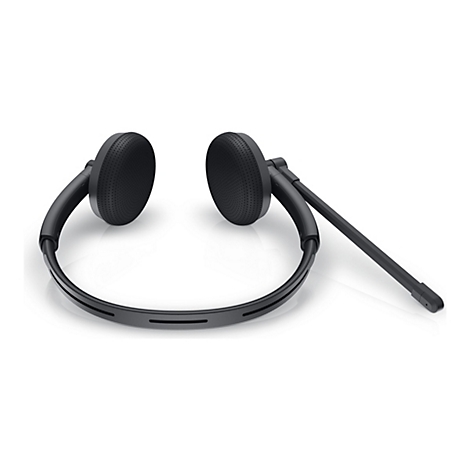 Casque noir, écouteurs percés, bras de microphone, support métallique.