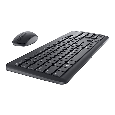 Vue de dessus d'un ensemble clavier et souris sans fil noirs. Le clavier a des touches noires avec des lettres blanches, la souris a une forme convexe.