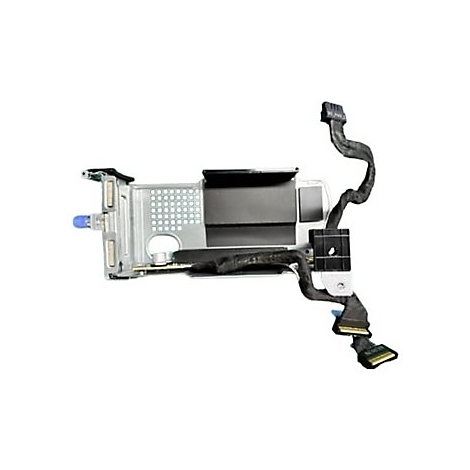 Ein graues, metallisches Computerteil mit schwarzen Kabeln und Anschlüssen. Detailaufnahme vor weißem Hintergrund.