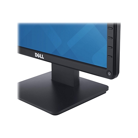 Nahaufnahme eines schwarzen Dell-Monitors. Der Monitor ist auf einem schwarzen Standfuß befestigt. Auf dem Bildschirm ist ein blaues Muster zu sehen. Das Dell-Logo ist sichtbar.