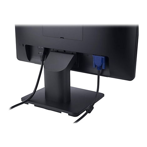 Rückansicht eines schwarzen Monitors mit Kabeln, darunter ein blauer VGA-Kabel.