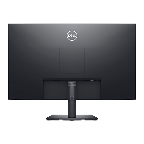 Rückseite eines schwarzen Dell-Monitors auf einem Standfuß vor weißem Hintergrund.