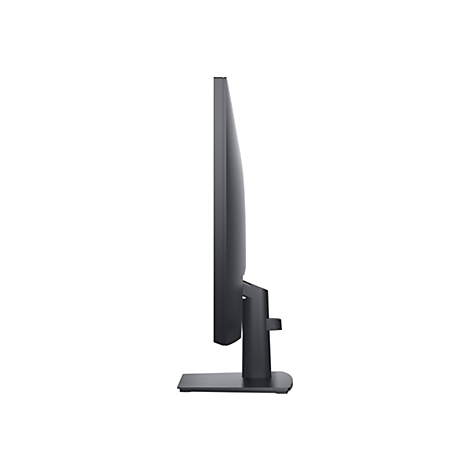 Seitenansicht eines modernen, schlanken schwarzen Computermonitors mit Standfuß vor weißem Hintergrund.