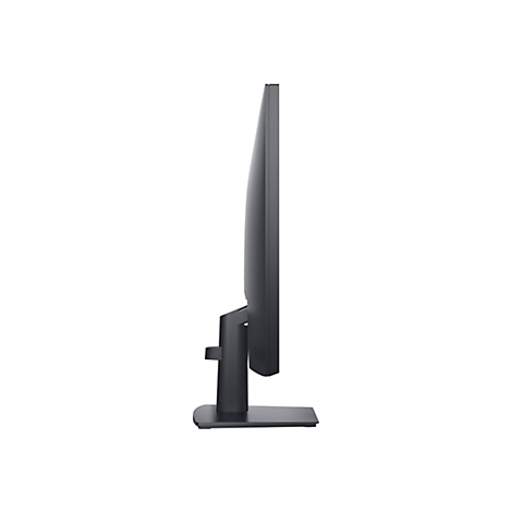 Seitenansicht eines modernen, schwarzen PC-Monitors mit schmalem Rahmen auf einem stabilen Standfuß.