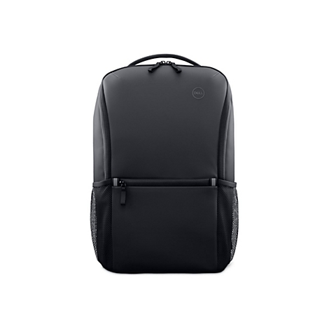 Schwarzer Rucksack mit Dell-Logo. Hat eine Reißverschlusstasche, Netztaschen und Tragegriff.