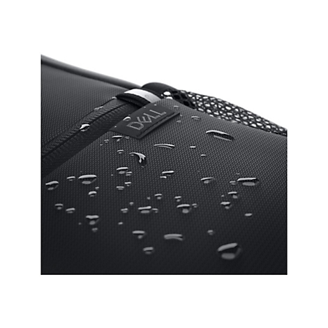 Nahaufnahme eines schwarzen Dell Laptop-Zubehörs mit Wassertropfen. Das Dell Logo ist sichtbar.