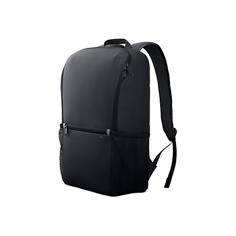 Schwarzer Rucksack mit Reißverschlüssen, Netzfächern und Schultergurten. Aufschrift Dell.