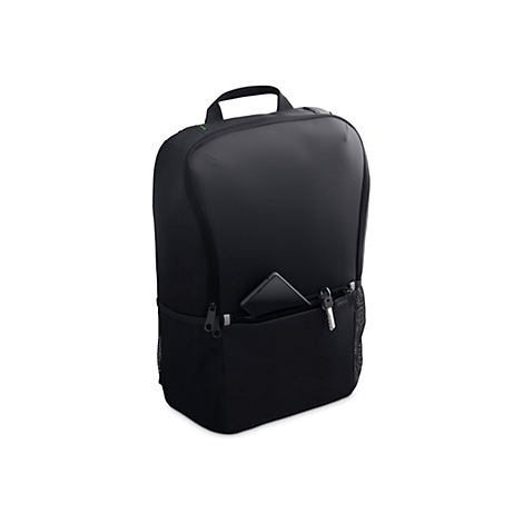 Schwarzer Laptop-Rucksack mit Handy und Schlüsseln in der Vordertasche. Oberhalb des Reißverschlusses ist der Name Dell zu sehen.