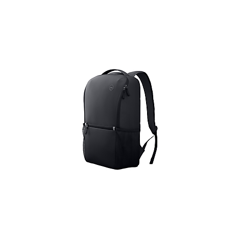 Schwarzer Rucksack mit Dell-Logo, zwei Reißverschlüssen und gepolsterten Schultergurten.