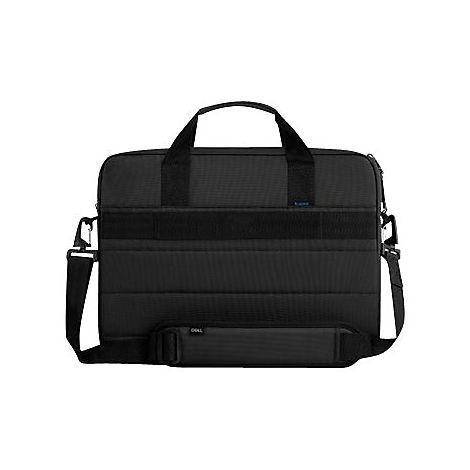 Schwarze Laptoptasche mit Schulterriemen und Griffen. Aufschrift DELL. Quer verlaufende ZiernÃ¤hte.
