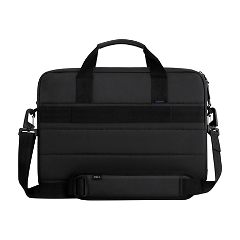 Schwarze Laptoptasche mit Tragegriffen und Schultergurt. Auf der Tasche sind die Logos "EcoLoop" und "Dell" zu sehen.