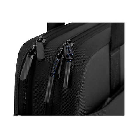 Nahaufnahme einer schwarzen Tasche mit Reißverschlüssen. Einige Reißverschlüsse sind geöffnet und zeigen blau-weiße Details.